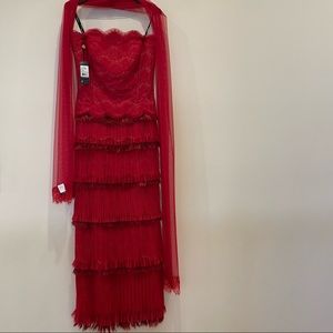 NWT Tadashi Shoji Red Strapless Lace Fringe Pleated Tulle Maxi Dress Gown
